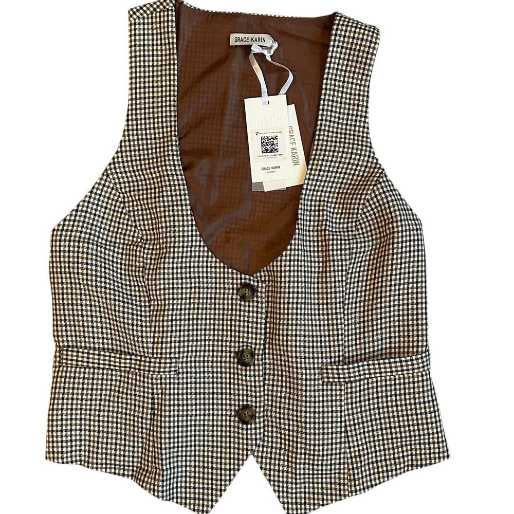 DKNY Women's Brown Checkered Vest